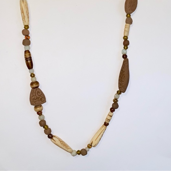 Vintage Ethnic Beaded 16" Necklace Terra Cotta Clay Glass Etched Faux Bone Beads - Picture 8 of 10